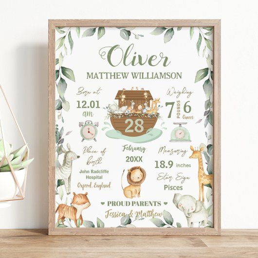 Noah's Ark Greenery Baby Birth Stats Kinderzimmer Poster