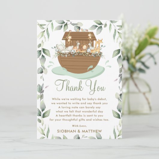 Noah's Ark Greenery Baby Shower Gender Neutral Dankeskarte (Stehend Vorderseite)