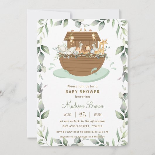 Noah's Ark Greenery Baby Shower Gender Neutral Einladung (Vorderseite)