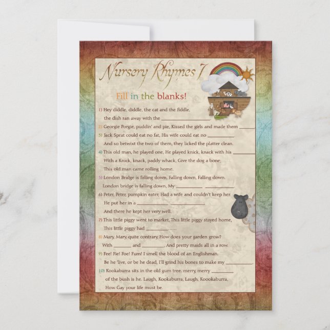 Noah's Ark Kinderzimmer Rhyme Baby Shower Games (Vorderseite)