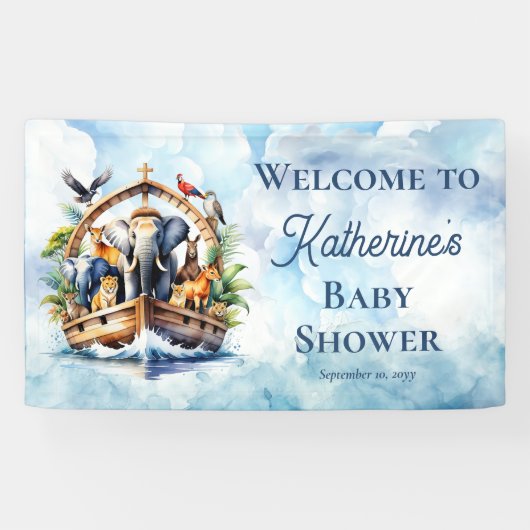 Noah's Ark Niedlicher Tiere Blue Boy Baby Shower Banner (Horizontal)