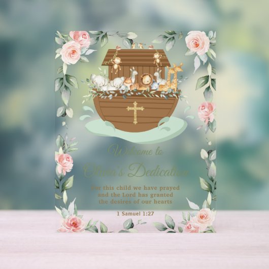 Noah's Ark Pink Floral Dedications Christening Acrylschild (Neutral)