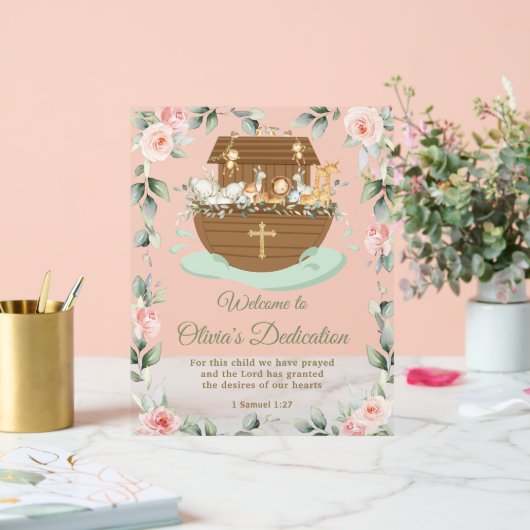 Noah's Ark Pink Floral Dedications Christening Acrylschild (Hochzeit)