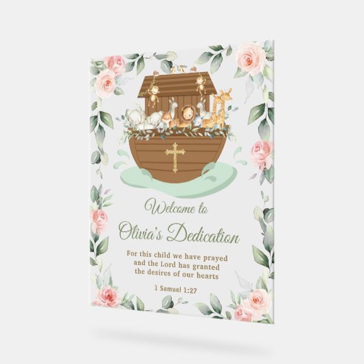 Noah's Ark Pink Floral Dedications Christening Acrylschild (Winkel)