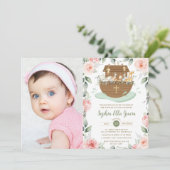 Noah's Ark Pink Floral Girl Taufe Christening Einladung (Stehend Vorderseite)
