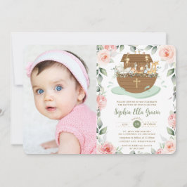 Noah's Ark Pink Floral Girl Taufe Christening Einladung