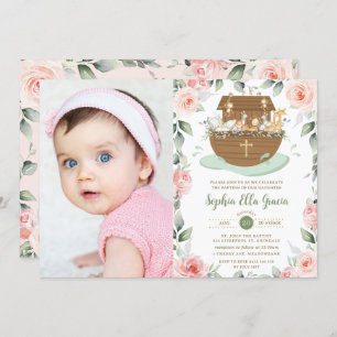 Noah's Ark Pink Floral Girl Taufe Christening Einladung