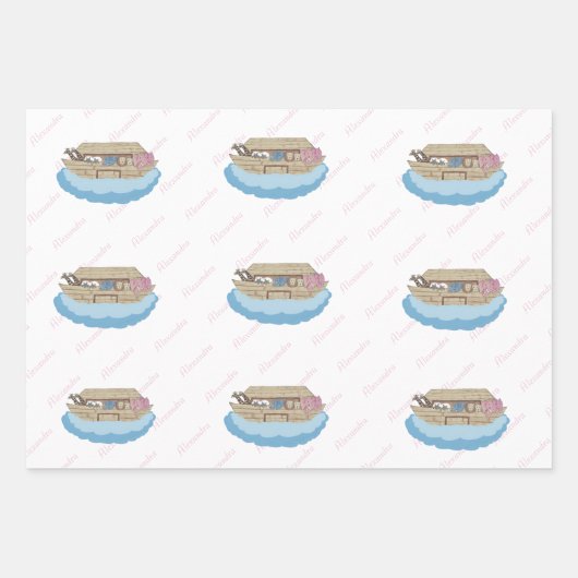 Noah's Ark Pink Script Girl Baby Shower Geschenkpapier Set (Vorderseite 2)