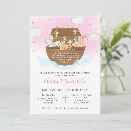 Noahs Ark Pink Taufe Christening Dedication Einladung (Stehend Vorderseite)
