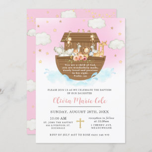 Noahs Ark Pink Taufe Christening Dedication Einladung