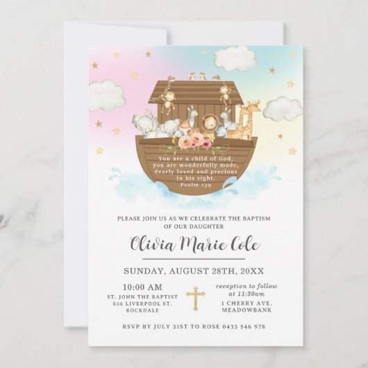 Noahs Ark Rainbow-Taufe Christening Dedication Einladung (Vorderseite)