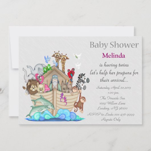 Noah's Ark Twins Baby Shower Einladung (Vorderseite)