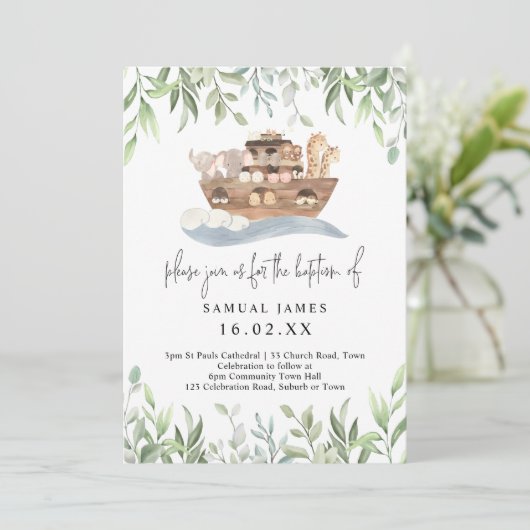 Noahs Ark Watercolor Animals Greenery Baptism Einladung (Stehend Vorderseite)
