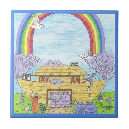 Noahs Ark Watercolor Rainbow Animal Elephant Fliese (Vorderseite)