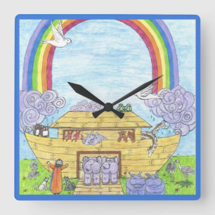 Noahs Ark Watercolor Rainbow Funny Elephant Quadratische Wanduhr