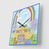 Noahs Ark Watercolor Rainbow Funny Elephant Quadratische Wanduhr (Winkel)