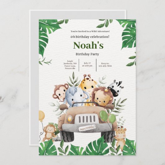 Noah's Wild Animal Adventure Birthday Bash Einladung (Vorne/Hinten)
