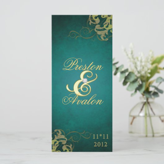 Nobel Aquamarin Scroll Gold Wedding Program Programm (Stehend Vorderseite)