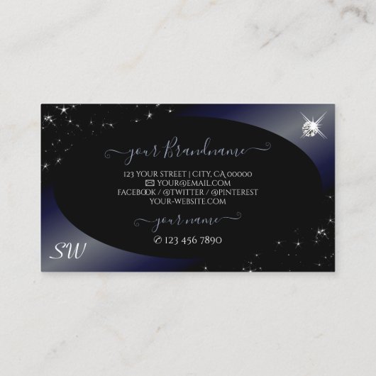 Noble Black Blue Glitzer Stars Diamonds Initialen Visitenkarte (Rückseite)