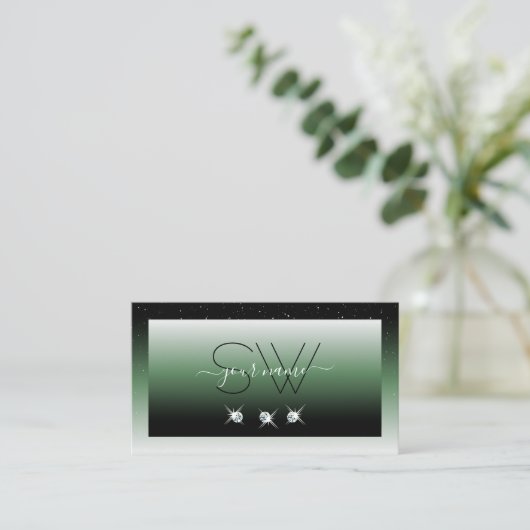 Noble Black Green Ombre Sparkle Diamonds Initialen Visitenkarte (Stehend Vorderseite)