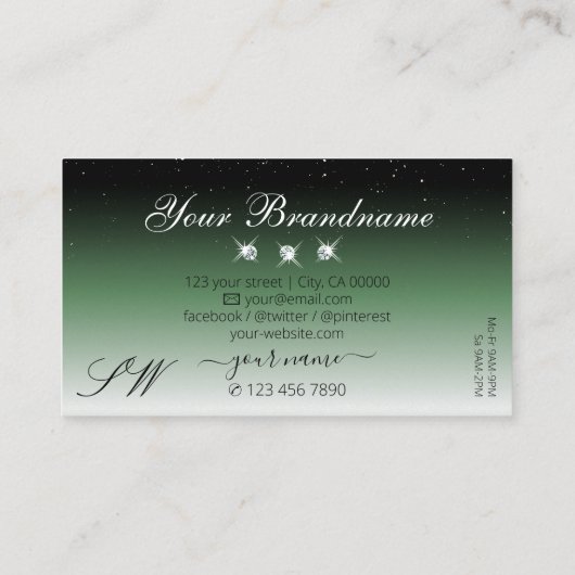 Noble Black Green Ombre Sparkle Diamonds Monogram Visitenkarte (Rückseite)