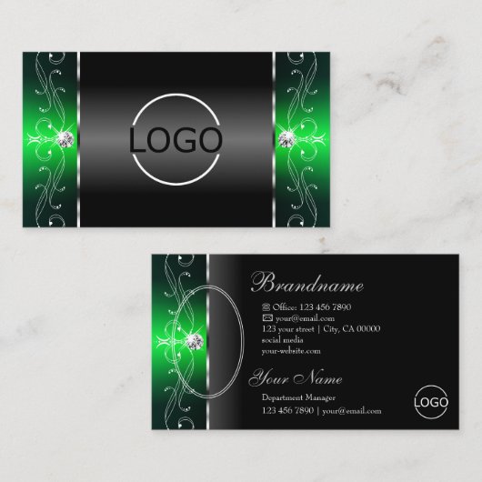 Noble Black Green Squiggled Jewels Logo und Foto Visitenkarte (Vorne/Hinten)