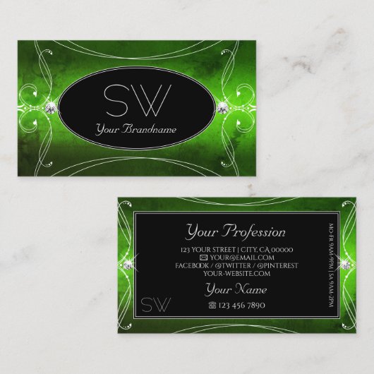 Noble Black Green Verziert Sparkle Diamonds Initia Visitenkarte (Vorne/Hinten)
