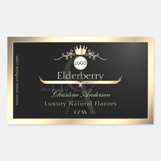 Noble Black Product Label Gold Frame Logo Monogram Rechteckiger Aufkleber (Vorderseite)