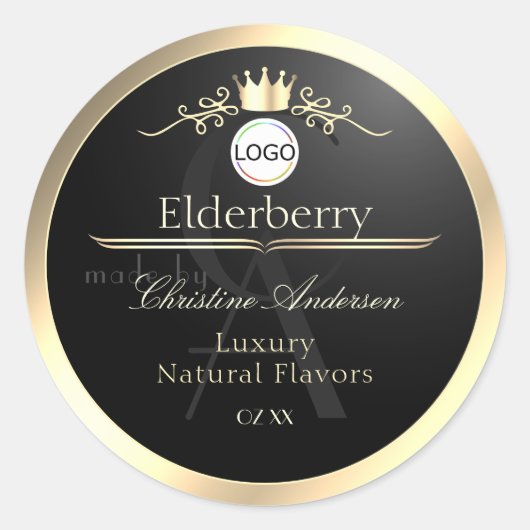 Noble Black Product Label Gold Frame Logo Monogram Runder Aufkleber (Vorderseite)