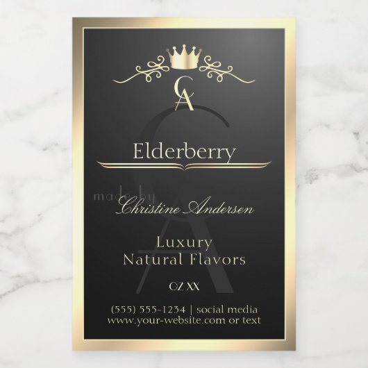 Noble Black Product Label with Gold Frame Monogram Lebensmitteletikett (Einzelnes Label)