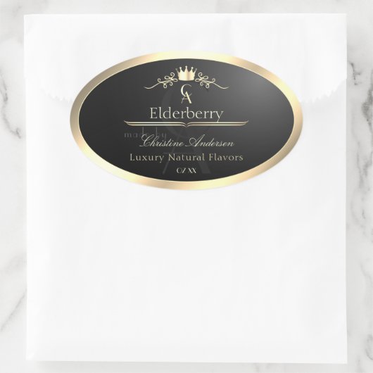 Noble Black Product Label with Gold Frame Monogram Ovaler Aufkleber (Tasche)