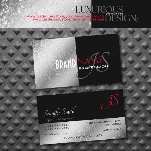 Noble Black Red Silver Glittery Stars und Initiale Visitenkarte