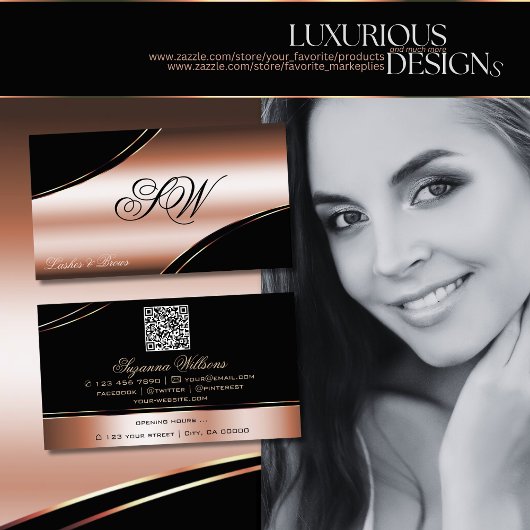 Noble Black Rose Gold Kurve Linien Monogram QRCode Visitenkarte