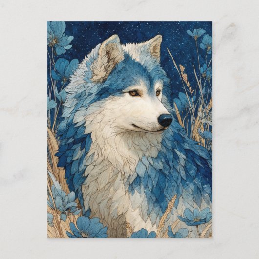 Noble Blue Wolf in Golden Grass Garden Postkarte (Vorderseite)