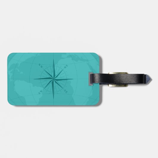 Noble cyan-blaue Weltkarte mit Kompass-Rose Gepäckanhänger (Rückseite horizontal)