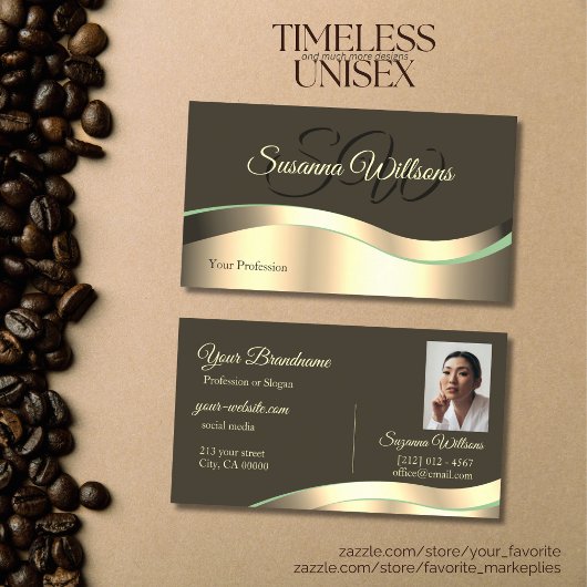 Noble Dark Brown Wavy Gold Decoder Initials Foto Visitenkarte