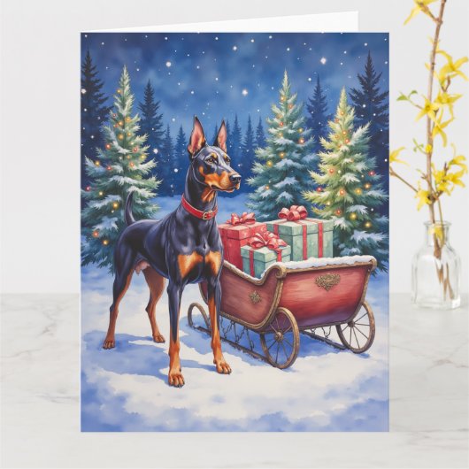 Noble Doberman Guarding Christmas Sleigh Winter Karte (Gelbe Blume)