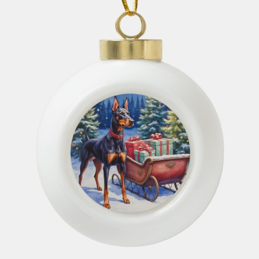 Noble Doberman Guarding Christmas Sleigh Winter Keramik Kugel-Ornament (Vorderseite)