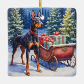 Noble Doberman Guarding Christmas Sleigh Winter Keramikornament (Vorderseite)