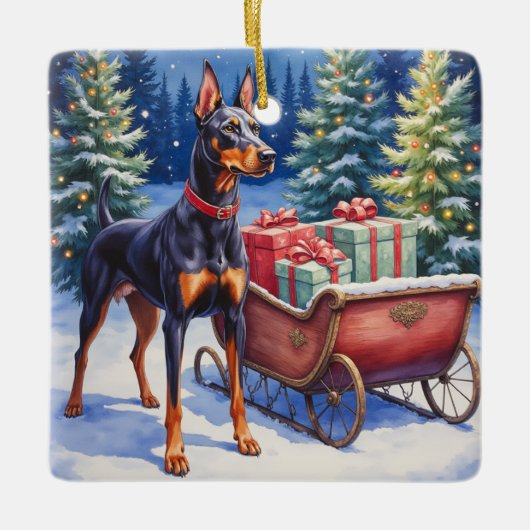 Noble Doberman Guarding Christmas Sleigh Winter Keramikornament (Vorderseite)