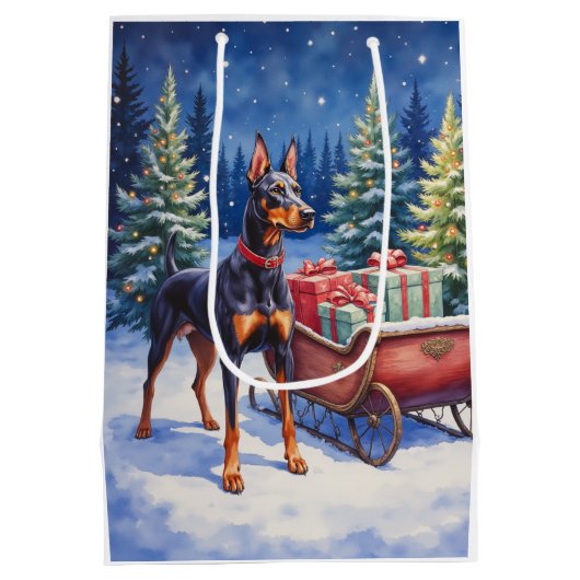 Noble Doberman Guarding Christmas Sleigh Winter Mittlere Geschenktüte (Rückseite)