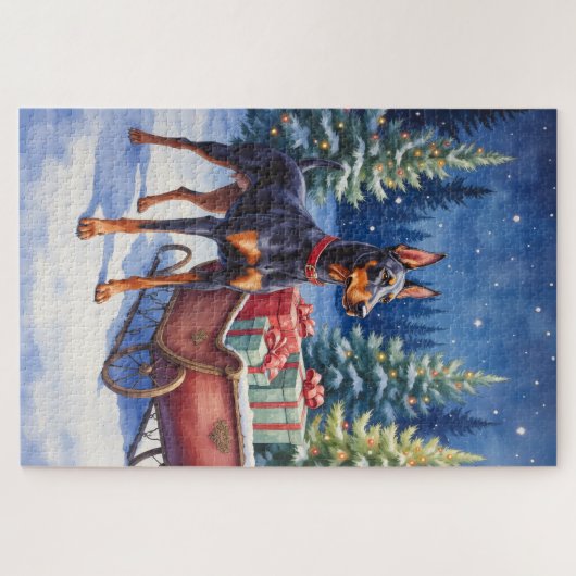Noble Doberman Guarding Christmas Sleigh Winter Puzzle (Horizontal)