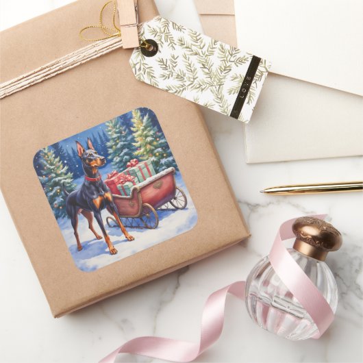 Noble Doberman Guarding Christmas Sleigh Winter Quadratischer Aufkleber (Schenken)