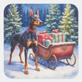 Noble Doberman Guarding Christmas Sleigh Winter Quadratischer Aufkleber (Vorderseite)