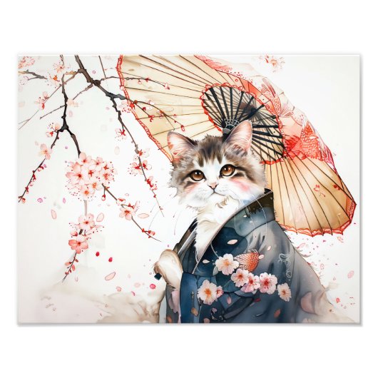 Noble Geisha Katze mit Bambusschirm auf Chinesisch Fotodruck (Vorne)