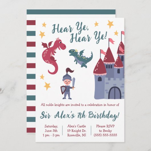 Noble Knight, Dragon, Castle Themed Birthday Party Einladung (Vorne/Hinten)