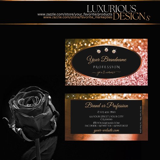 Noble Orange Pink Ombre Glitzer Black and Diamonds Visitenkarte