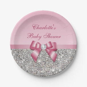 Noble rosa Bogen-Silber-Paillette-Babyparty Pappteller