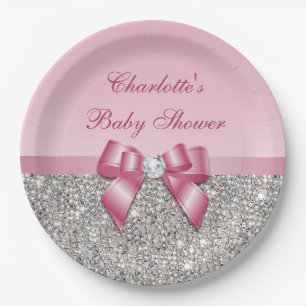 Noble rosa Bogen-Silber-Paillette-Babyparty Pappteller