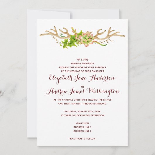 Noble rustikale Wedding Geweihe u. Wildblumen Einladung (Vorderseite)